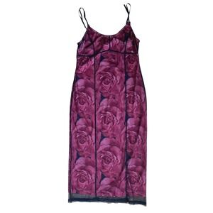 Vintage Y2K dELiA*s Rose Mesh Overlay Midi Dress L Whimsigoth Dark Floral Grunge